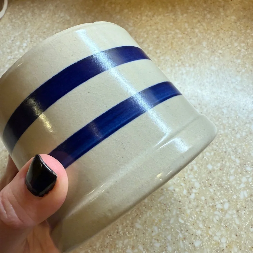 Vintage Crock Roseville Robinson Ransbottom Blue 1 Quart Low Striped Ceramic Pot - Picture 6 of 16
